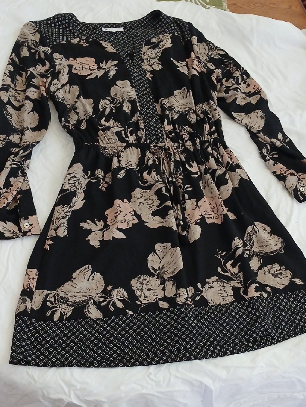 DR2 Black Dress with Blush Floral Print and Drawstring Waist